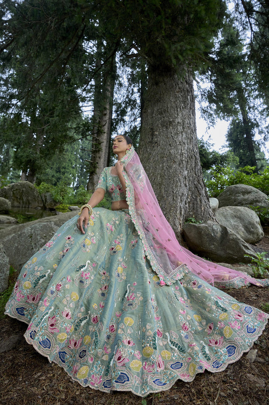 Viscose Fabric Wedding Wear 3 Piece Lehenga Choli In Light Cyan Color With Embroidery Work
