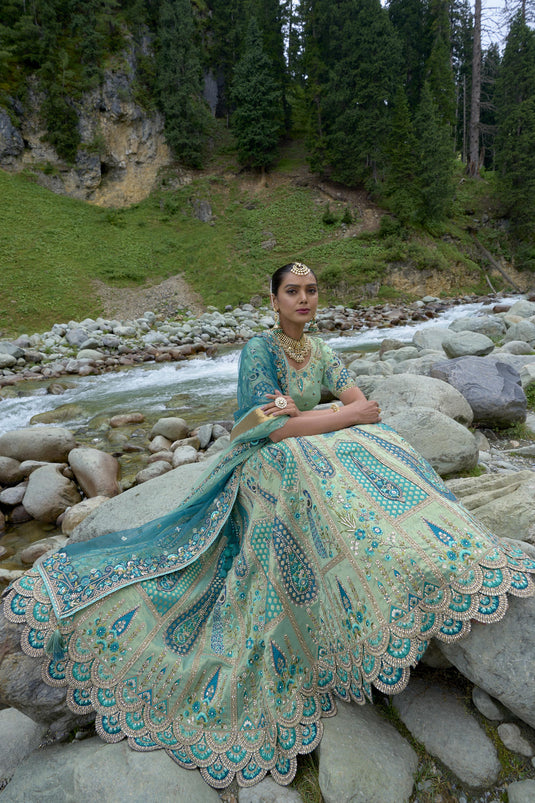 Sea Green Color Viscose Fabric Bridal Lehenga Choli With Embroidery Work