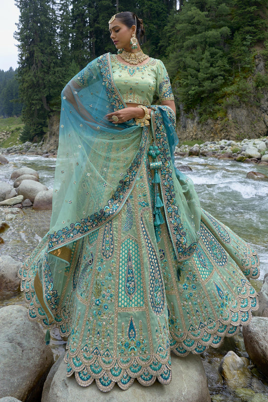 Sea Green Color Viscose Fabric Bridal Lehenga Choli With Embroidery Work