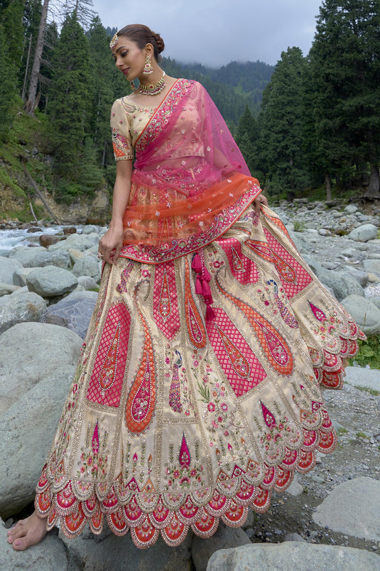 Viscose Fabric Beige Color Wedding Wear 3 Piece Lehenga Choli With Embroidery Work