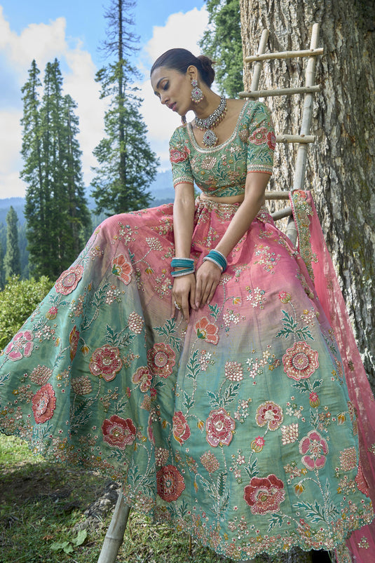 Heavy Embroidery Work Sea Green Color Viscose Fabric Bridal Lehenga Choli