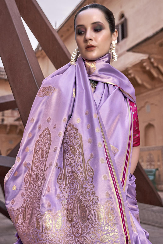 Weaving Work Awesome Satin Silk Fabric Saree In Lavender Color