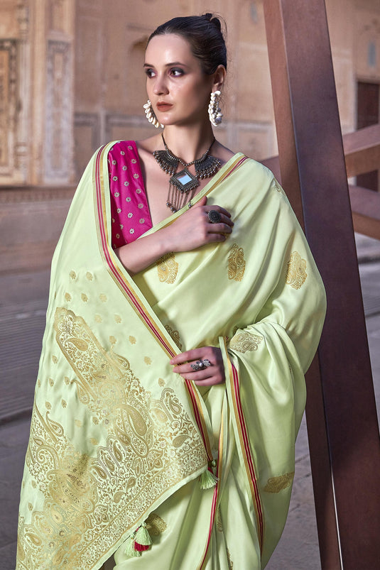 Appealing Weaving Work Satin Silk Fabric Saree In Sea Green Color