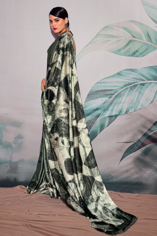 Festal Satin Digital Print Green Casual Saree