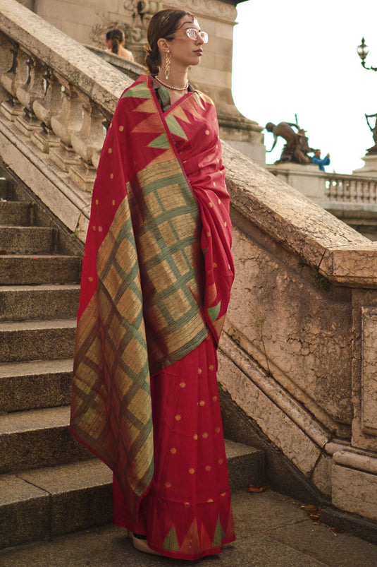 Attractive Red Color Art Silk Handloom Weaving Saree