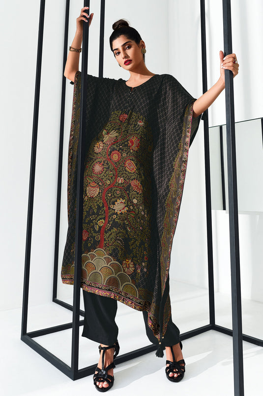 Tropical Black Print On Gajji Silk Readymade Kaftan Top Pant Set