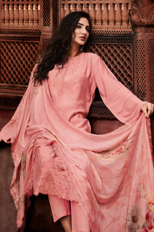 Pink Color Festive Wear Embroidered Salwar Suit In Viscose Fabric