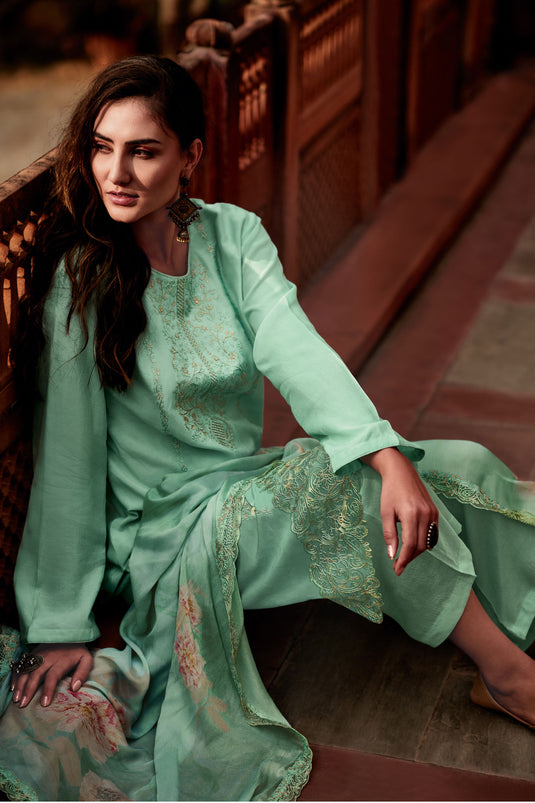 Viscose Fabric Embroidered Function Wear Salwar Kameez In Sea Green Color