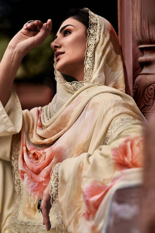 Embroidered Beige Color Salwar Kameez In Viscose Fabric