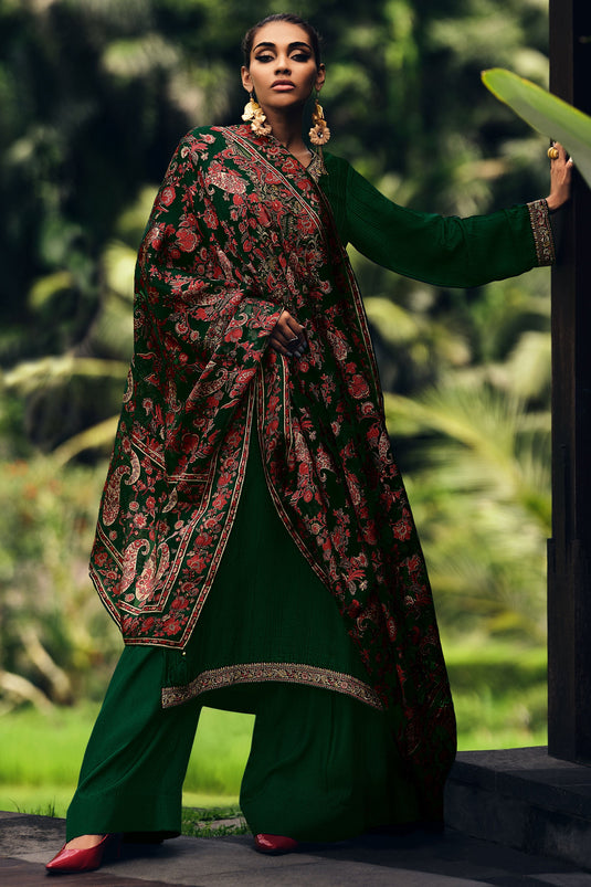 Heritage Dark Green Embroidered Pakistani Suit In Muslin Silk Fabric