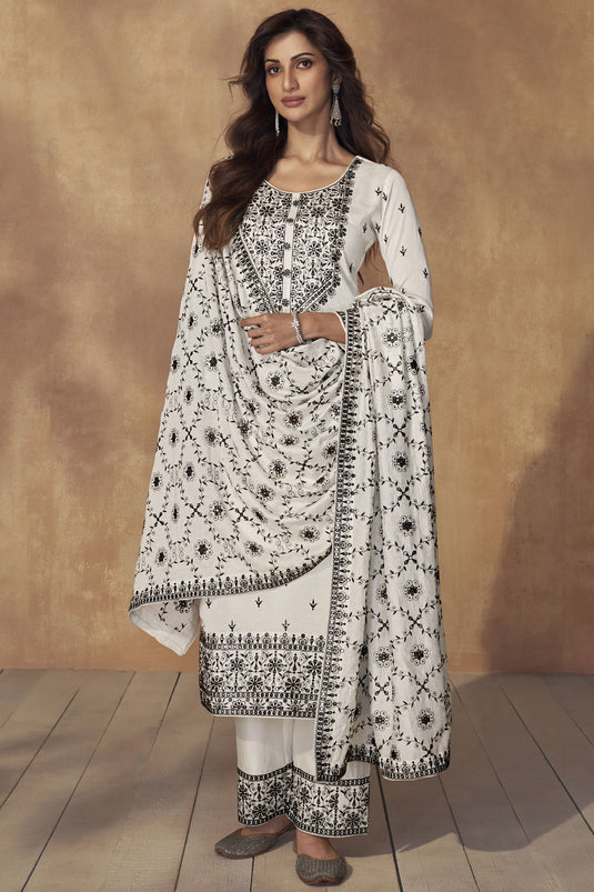 White Color Embroidered Readymade Designer Salwar Suit In Art Silk Fabric