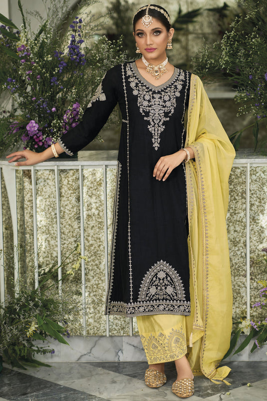 Black Color Art Silk Fabric Embroidered Readymade Pakistani Suit