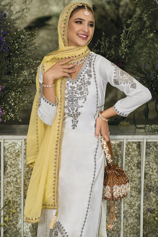 White Color Embroidered Readymade Designer Pakistani Suit In Art Silk Fabric