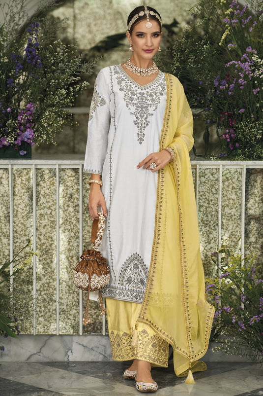 White Color Embroidered Readymade Designer Pakistani Suit In Art Silk Fabric