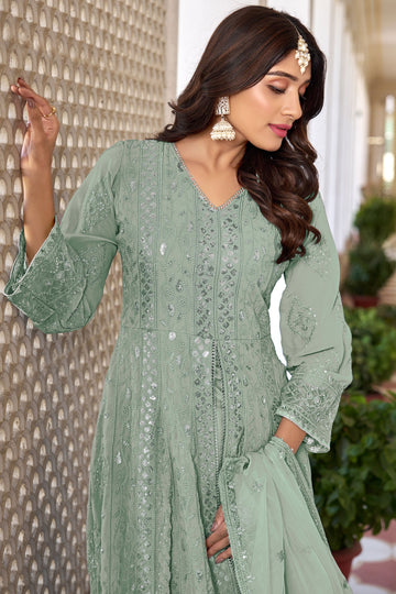 Sea Green Embroidered Silk Blend Anarkali Suit Set With Dupatta