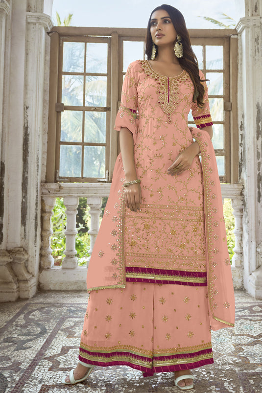 Peach Color Party Wear Embroidered Palazzo Salwar Suit In Georgette Fabric