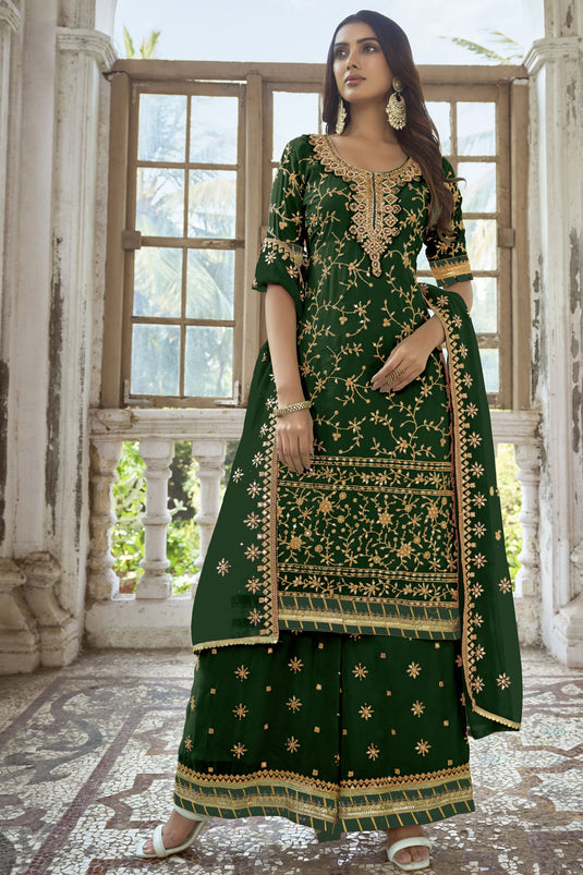 Georgette Fabric Reception Wear Embroidered Palazzo Salwar Kameez In Dark Green Color