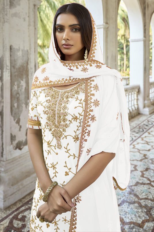 White Color Embroidered Palazzo Suit In Georgette Fabric