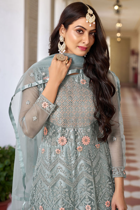 Fascinating Light Cyan Color Net Fabric Sangeet Style Anarkali Suit