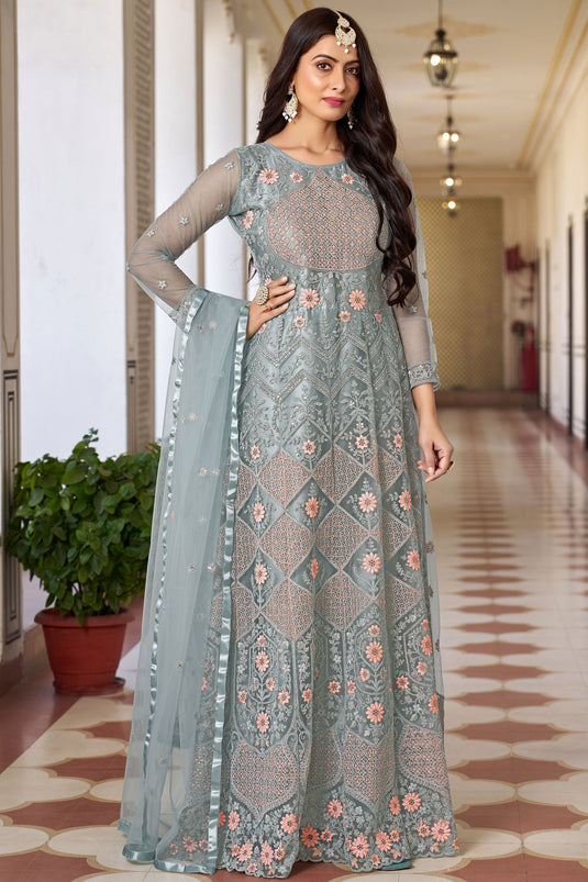Fascinating Light Cyan Color Net Fabric Sangeet Style Anarkali Suit