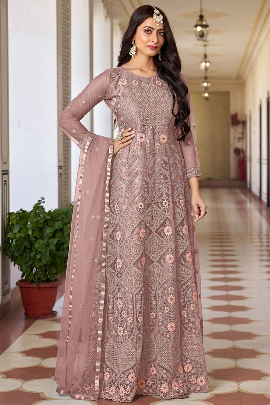 Dazzling Net Fabric Peach Color Sangeet Look Anarkali Suit