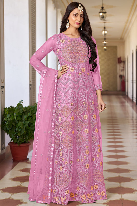 Radiant Pink Color Net Fabric Sangeet Wear Anarkali Suit With Embroidered Work