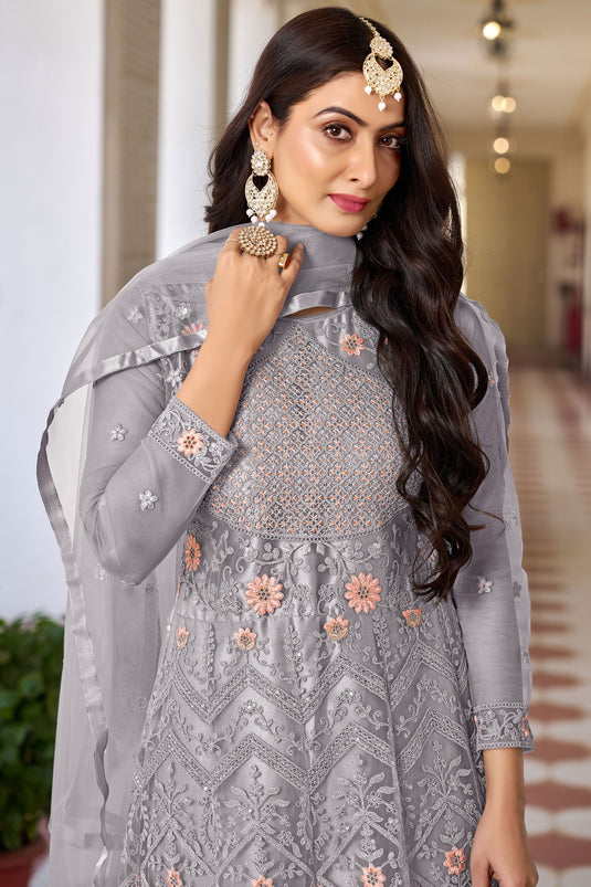 Embroidered Net Fabric Grey Color Excellent Sangeet Wear Anarkali Suit
