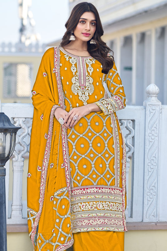 Yellow Color Embroidered Palazzo Suit In Chinon Silk Fabric