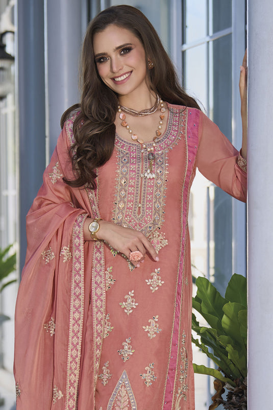 Peach Color Function Wear Embroidered Readymade Long Straight Cut Salwar Suit In Organza Fabric