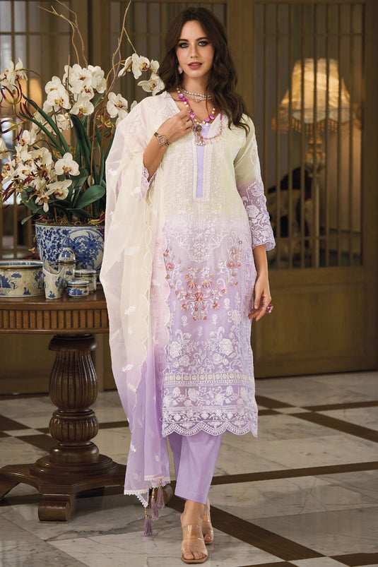 Lavender Color Organza Fabric Fancy Embroidered Readymade Designer Straight Cut Salwar Suit