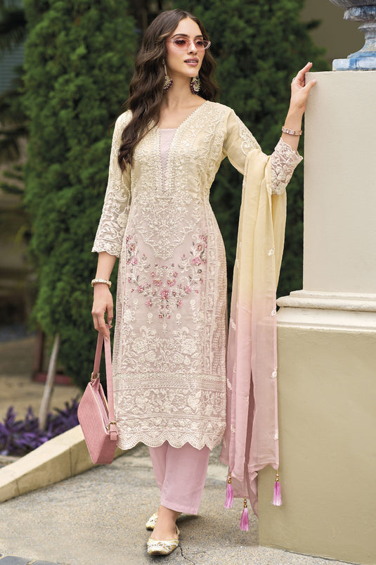 Organza Fabric Pink Color Embroidered Readymade Designer Straight Cut Salwar Kameez