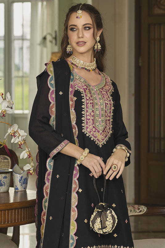Dazzling Embroidered Work On Black Color Readymade Sharara Top Lehenga In Chinon Fabric