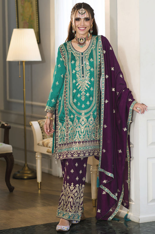 Cyan Color Trendy Wedding Style Readymade Salwar Suit In Art Silk Fabric