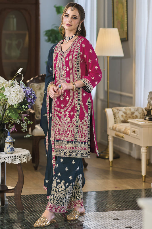 Stunning Pink Color Art Silk Fabric Wedding Style Readymade Salwar Suit