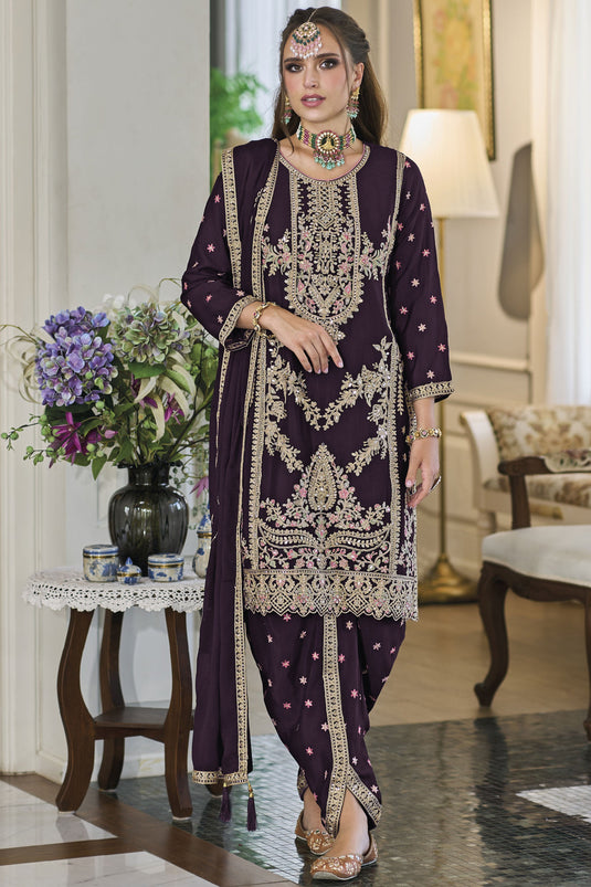 Stunning Purple Color Chinon Fabric Readymade Panjabi Style Salwar Suit