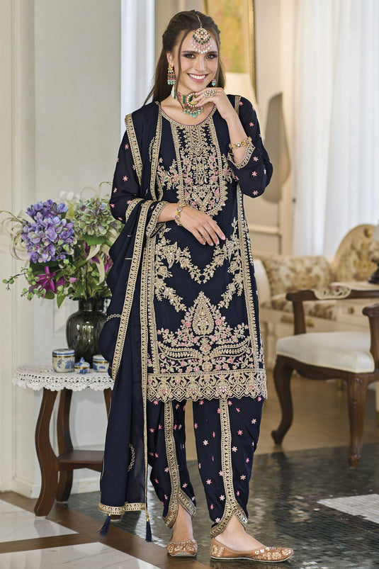 Radiant Navy Blue Color Chinon Fabric Readymade Panjabi Style Salwar Suit