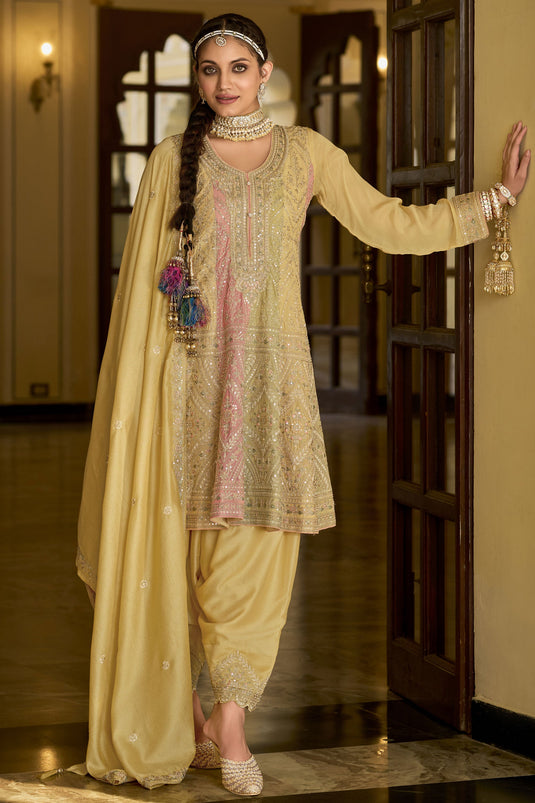 Glorious Beige Color Embroidered Readymade Patiala Suit In Chinon Fabric