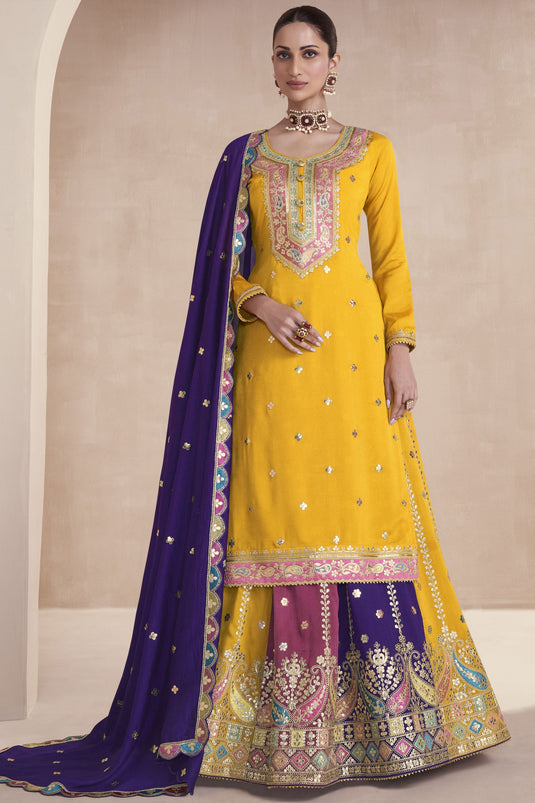 Diksha Singh Yellow Color Glorious Readymade Sharara Top Lehenga In Art Silk Fabric