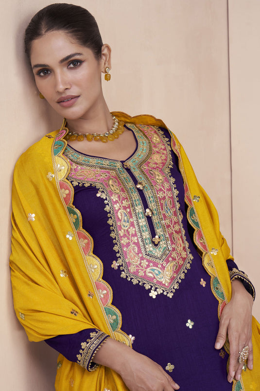 Vartika Singh Art Silk Fabric Luminous Readymade Sharara Top Lehenga In Purple Color