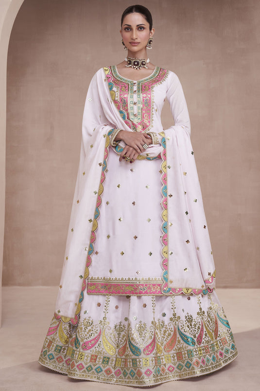 Diksha Singh Art Silk Fabric Charismatic Readymade Sharara Top Lehenga In White Color