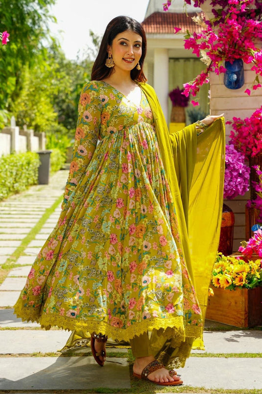 Muslin Fabric Festival Wear Wondrous Gown With Dupatta In Green Color
