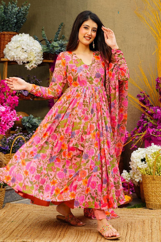 Festival Wear Muslin Fabric Peach Color Supreme Gown With Dupatta