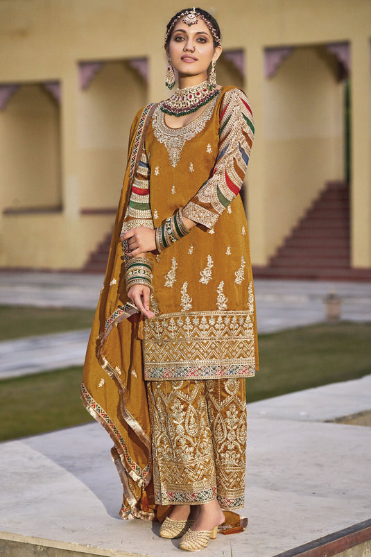 Art Silk Fabric Mustard Color Stylish Look Readymade Embroidered Salwar Suit