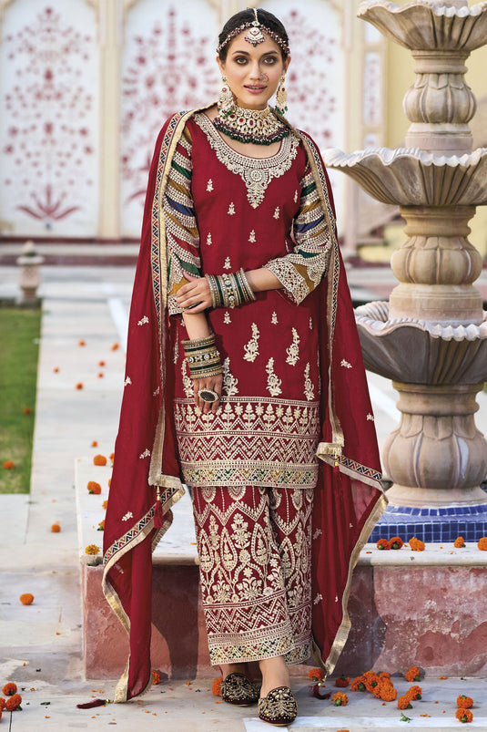 Art Silk Fabric Red Color Beatific Look Readymade Embroidered Salwar Suit