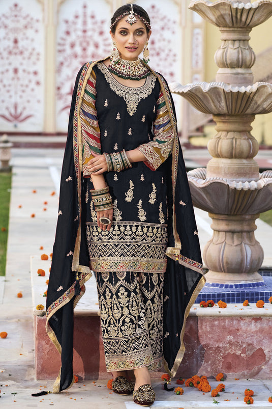 Fabulous Art Silk Fabric Black Color Readymade Embroidered Salwar Suit