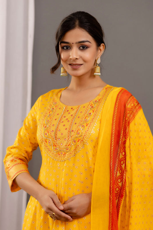 Glamorous Printed Work Yellow Color Rayon Readymade Salwar Suit