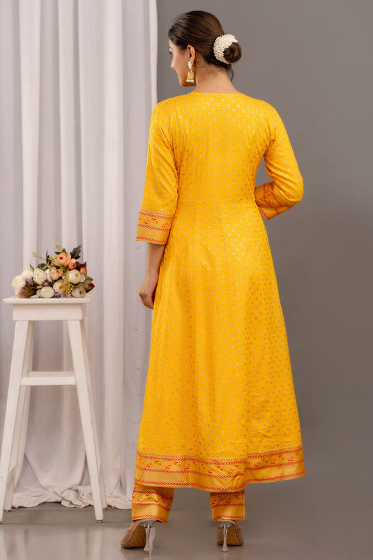 Glamorous Printed Work Yellow Color Rayon Readymade Salwar Suit