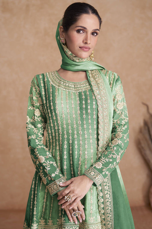 Vartika Singh Appealing Sangeet Wear Chinon Readymade Sharara Suit In Green Color
