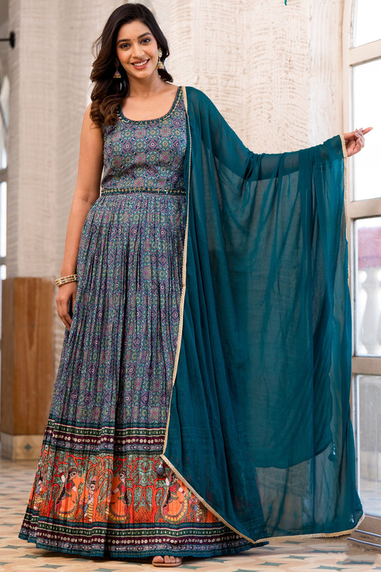 Exclusive Digital Printed Teal Color Readymade Gown With Dupatta In Dola Silk Fabric