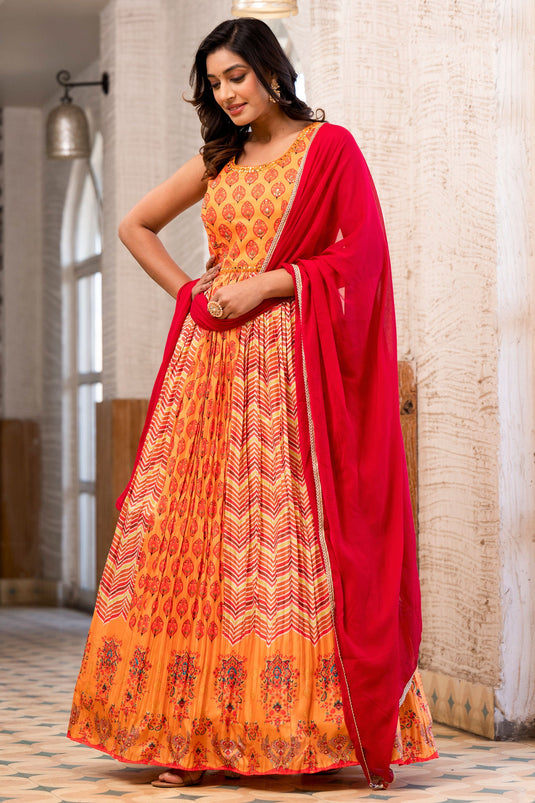 Orange Color Exquisite Digital Printed Readymade Gown With Dupatta In Dola Silk Fabric